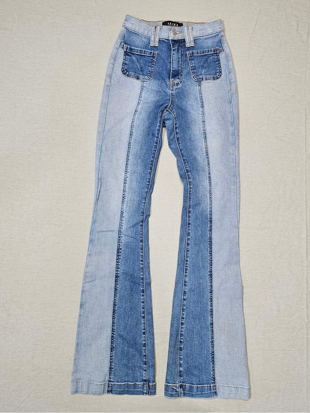 #379 AKIRA Two-Tone Patchwork Flare Jeans Size 24-Y2K High Rise Colorblock Denim
